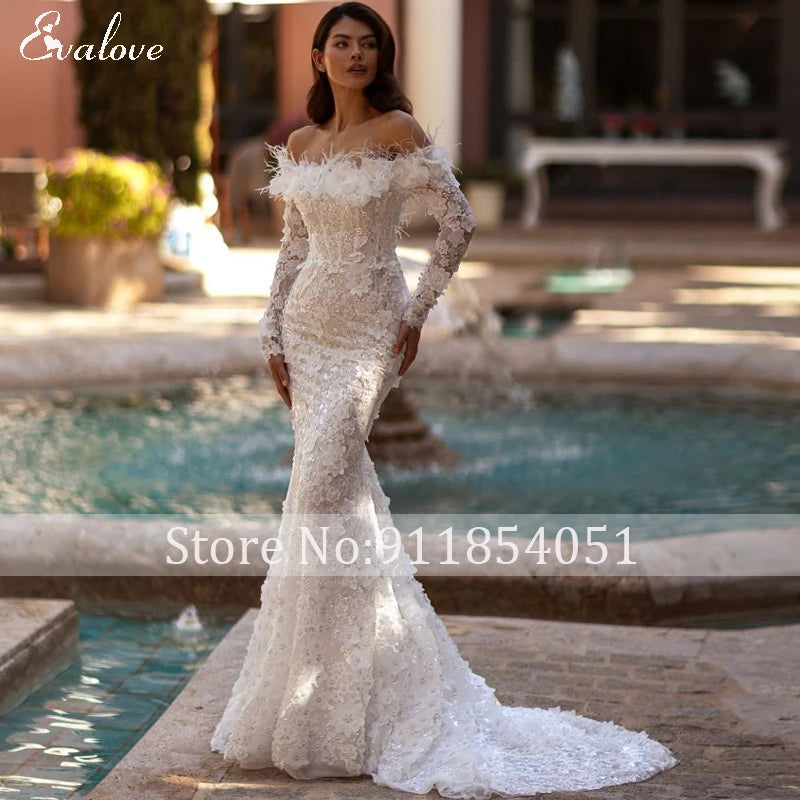 Long Sleeve Appliques Lace Detachable Train Mermaid Wedding Dress 2024 Luxury Boat Neck Beading 3D Flowers Princess Bridal Gown