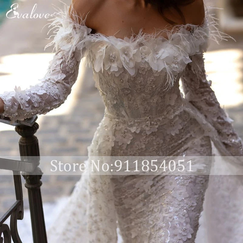Long Sleeve Appliques Lace Detachable Train Mermaid Wedding Dress 2024 Luxury Boat Neck Beading 3D Flowers Princess Bridal Gown