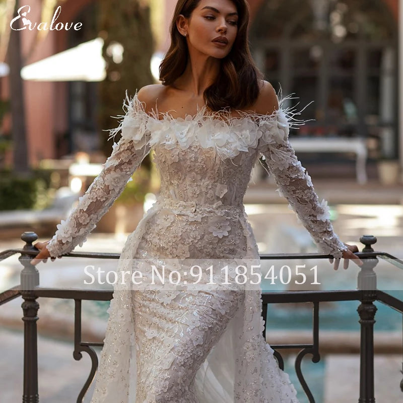 Long Sleeve Appliques Lace Detachable Train Mermaid Wedding Dress 2024 Luxury Boat Neck Beading 3D Flowers Princess Bridal Gown