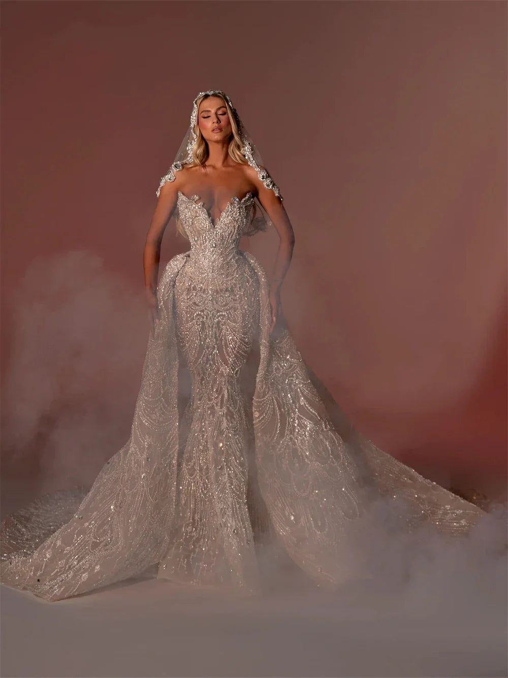 Luxury Beading Wedding Dress 2 in 1 Detachable Train Strapless V-Neck Mermaid Bridal Gown Dubai Bride Dress Custom Made (＋Veil)