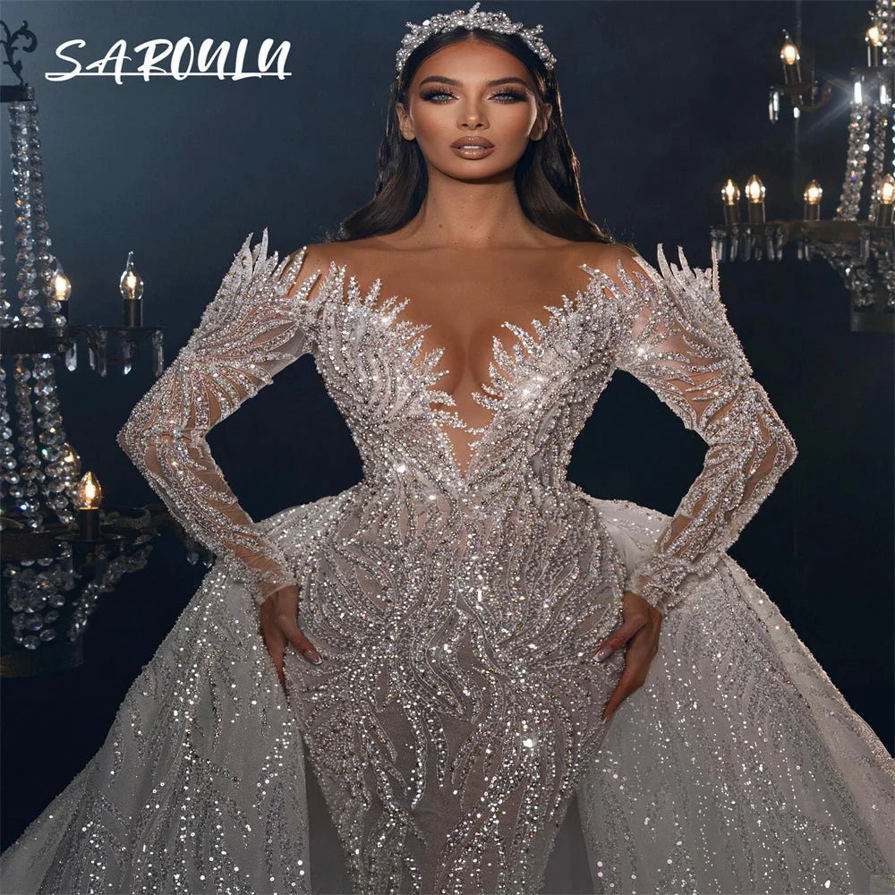 Luxury Beadings Mermaid Wedding Dress Sexy Deep V-neck Floor-length Bridal Gown Modern Vestidos De Novia
