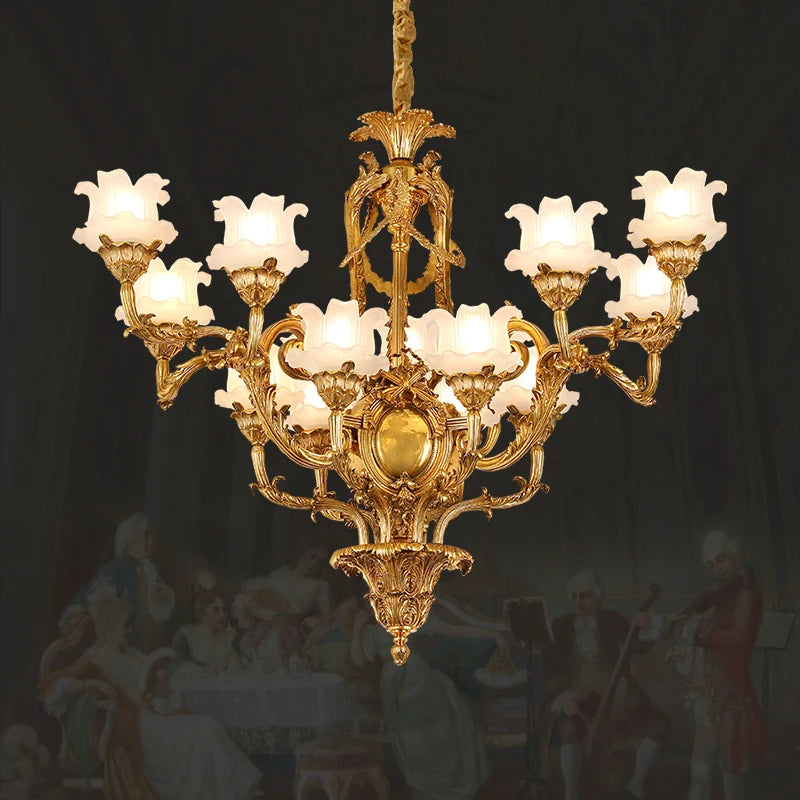 Luxury Classical French Copper Candle Chandelier Hotel Hall Villa Decorative Lighting Brass Glass Shade E14 Pendant Lamp