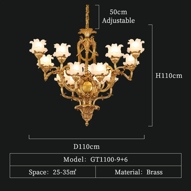 Luxury Classical French Copper Candle Chandelier Hotel Hall Villa Decorative Lighting Brass Glass Shade E14 Pendant Lamp