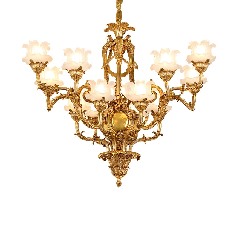 Luxury Classical French Copper Candle Chandelier Hotel Hall Villa Decorative Lighting Brass Glass Shade E14 Pendant Lamp