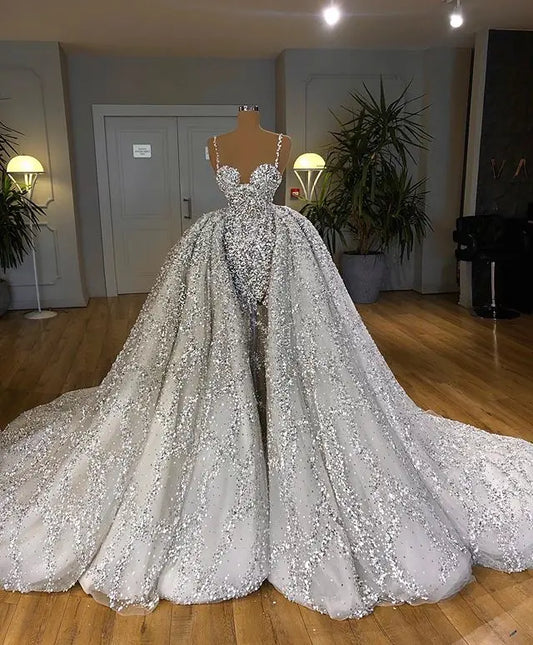 Luxury Crystals Beads Detachable Train Wedding Dress 2020 Vestido de Noiva  Sexy Open Back Spaghetti Straps Wedding Bridal Gowns