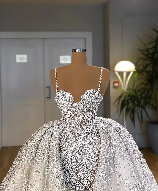 Luxury Crystals Beads Detachable Train Wedding Dress 2020 Vestido de Noiva  Sexy Open Back Spaghetti Straps Wedding Bridal Gowns