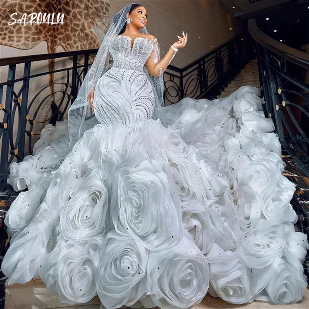 Luxury Deep V-neck Floor-length Wedding Dress Royal Beadings Mermaid Bridal Gown Romantic Vestidos De Novia