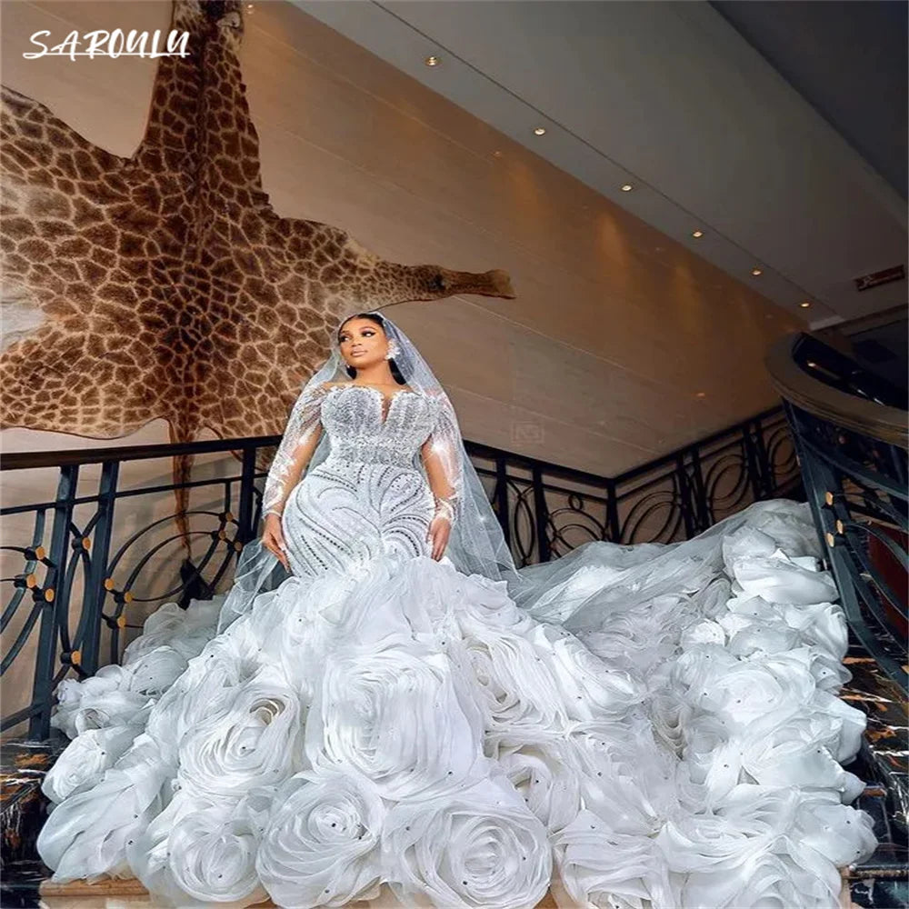 Luxury Deep V-neck Floor-length Wedding Dress Royal Beadings Mermaid Bridal Gown Romantic Vestidos De Novia