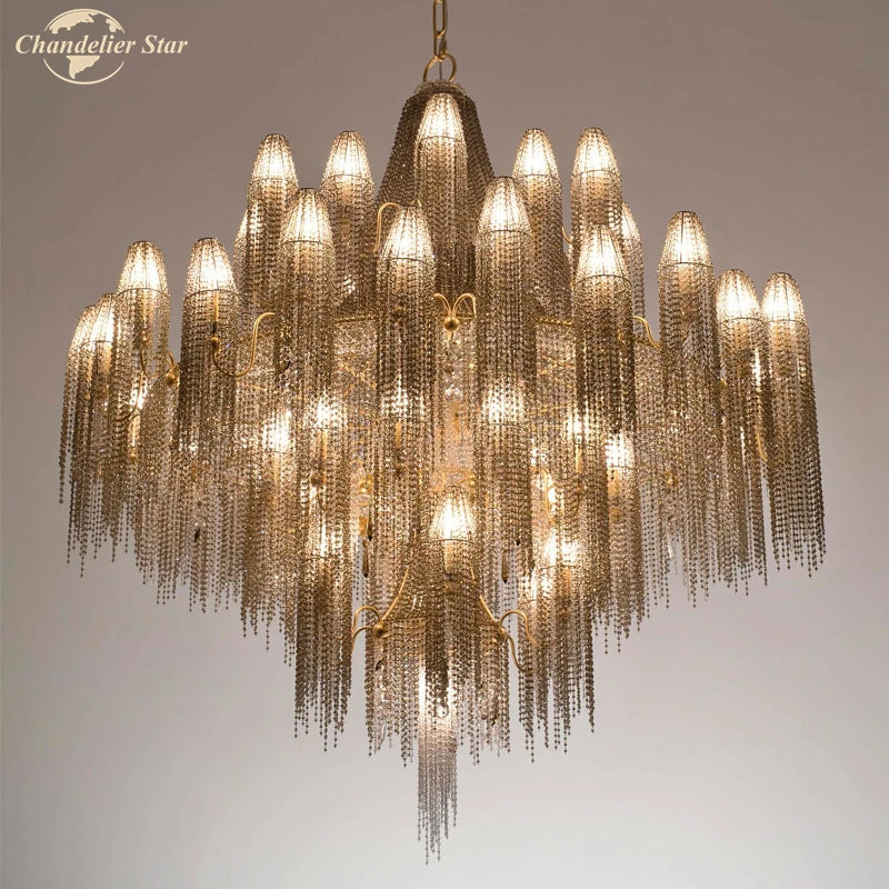 Luxury LED Chandeliers Lighting Traditional Vintage Tassel Crystal Pendant Hanging Lamp Lustre for Living Room Bedroom Villa