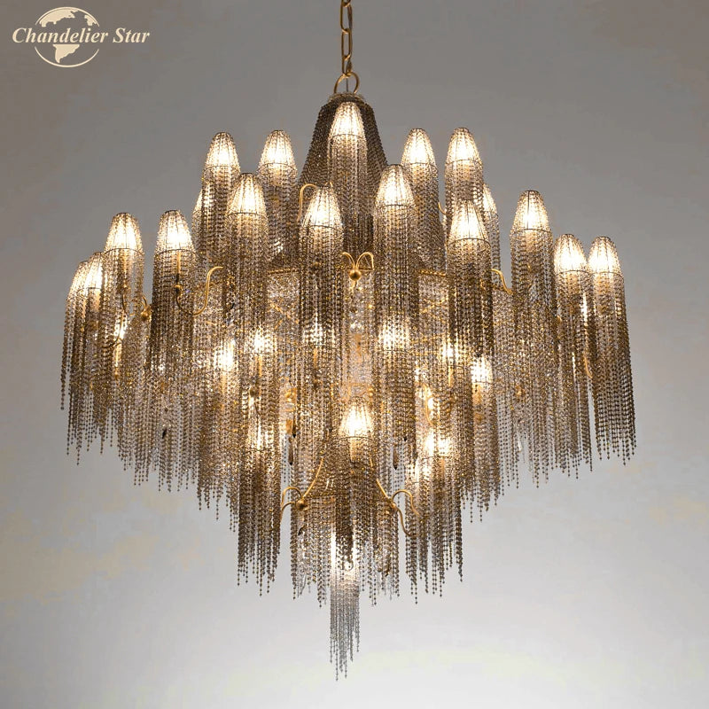 Luxury LED Chandeliers Lighting Traditional Vintage Tassel Crystal Pendant Hanging Lamp Lustre for Living Room Bedroom Villa