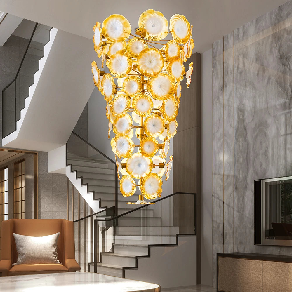 Luxury Large Gold Flower Chandelier Light with Murano Glass Plates for Villa LED Indoor Hanging Light Fixture
