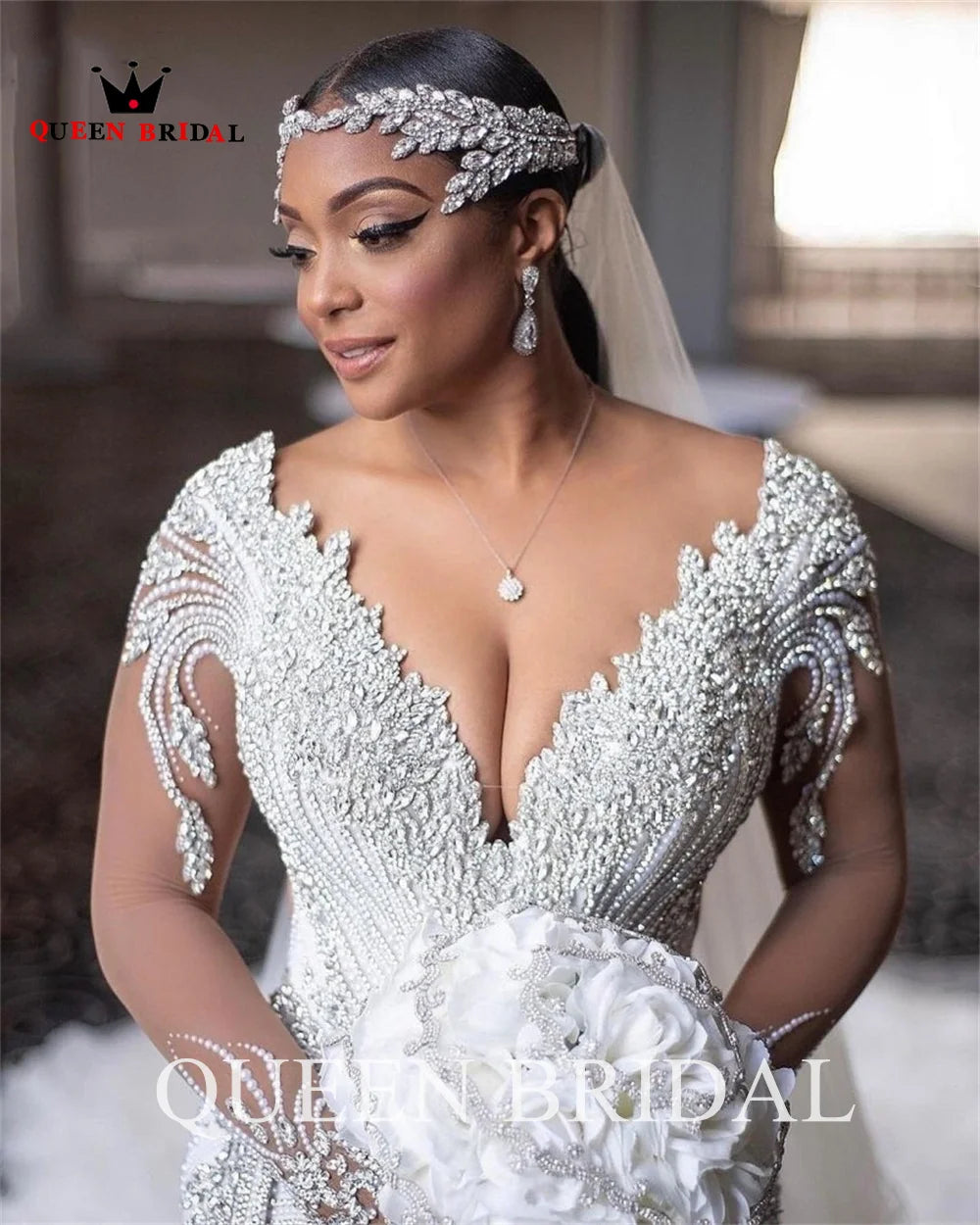 Luxury Mermaid V-neck Long Sleeve Wedding Dresses Ruffle Train Crystal Beaded Diamonds Women Bride Dress Custom Made DZ17