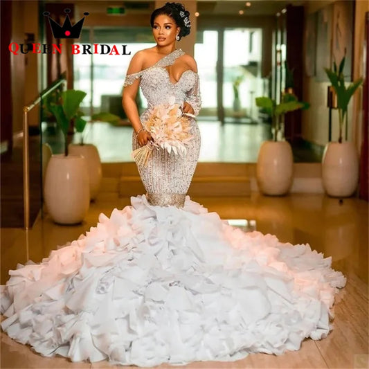 Luxury Mermaid Wedding Dresses 2023 One Shoulder Pearls Beading Ruffles Train Mermaid Bride Gowns Vestidos De Novia Custom L14M