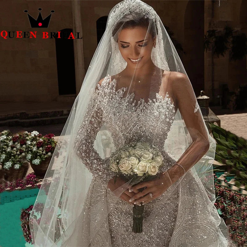 Luxury Pearls Sequined Lace Wedding Dress 2023 One Shoulder Luxurious Mermaid Bridal Gowns Vestidos De Novia Custom L36WM