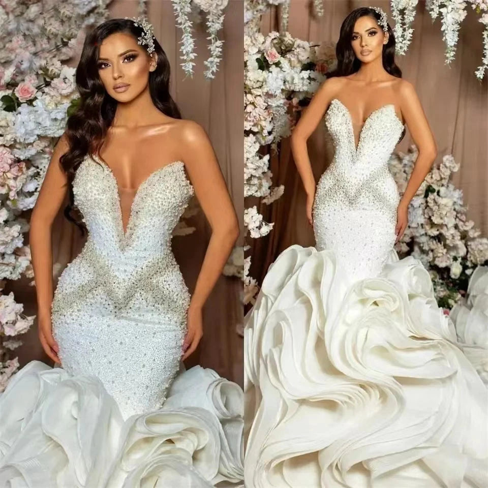 Luxury Ruffles Strapless Shiny Crystal Beaded Mermaid Wedding Dresses Deep V Neck Long Court Train Tulle Bridal Gowns For Women