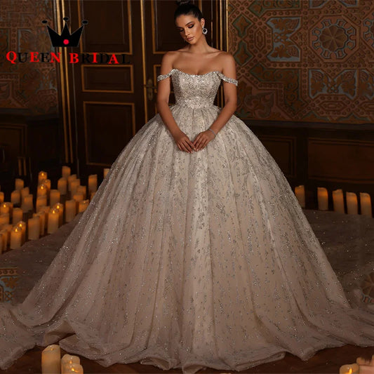 Luxury Sequined Lace Wedding Dresses Off The Shoulder Backless Floor-Length Bridal Ball Gowns Robe De Mariée Custom Y75X