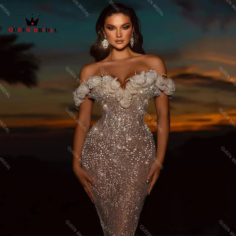 Luxury Sequined Pearls Lace Wedding Dress 2023 Off Shoulder Sexy Mermaid Sweetheart Bridal Gown Robe De Mariée Custom Y50W