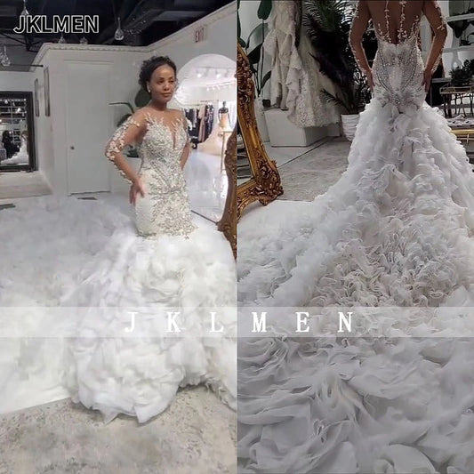 Luxury Shiny Crystals Beads Mermaid Wedding Dress Long Train Sheer Scoop Neckline Long Sleeves Bridal Gown Custom Made