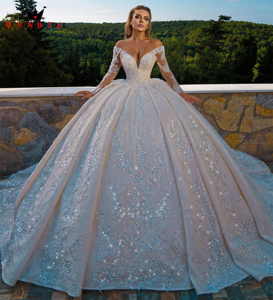 Luxury Wedding Dresses Ball Gown Puffy Long Sleeve Sequins Tulle Lace Crystal Vintage Formal Bride Dress Custom Made DE42M