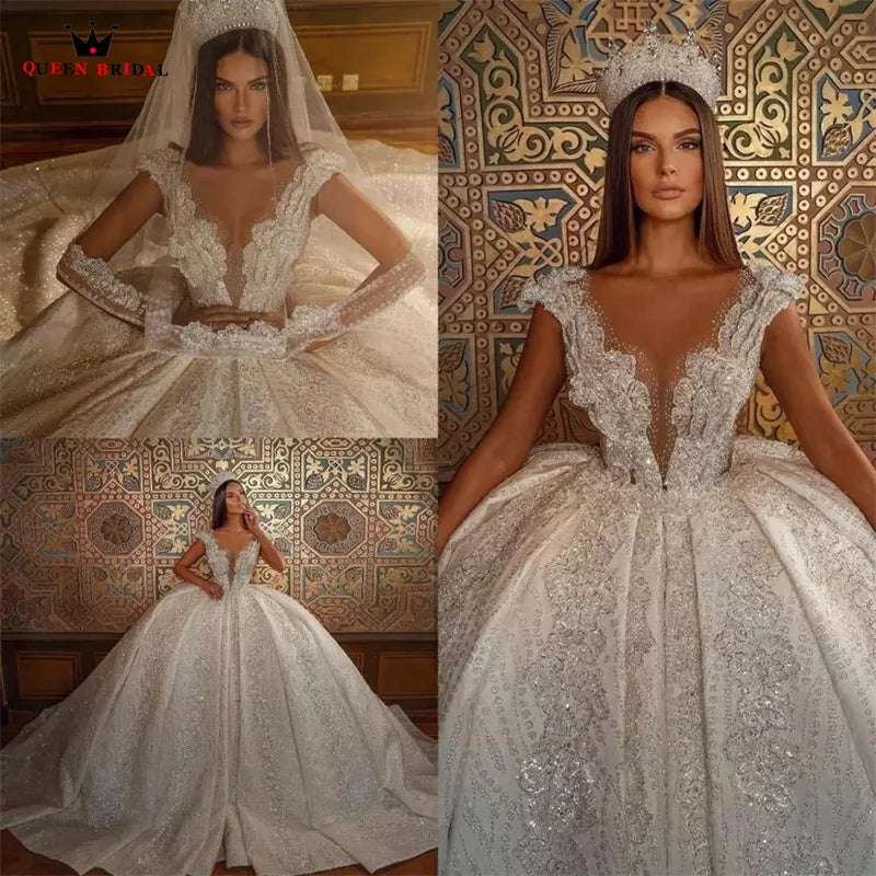 Luxury Wedding Dresses Ball Gown Puffy Tulle Lace Crystal Beading Diamond Appliques Formal Bridal Gown Custom Size DZ71