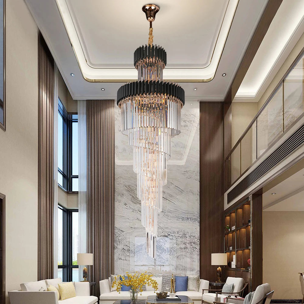 Luxury modern crystal chandelier for staircase Long loft black cristal light fixture villa lobby living room decor hang lighting
