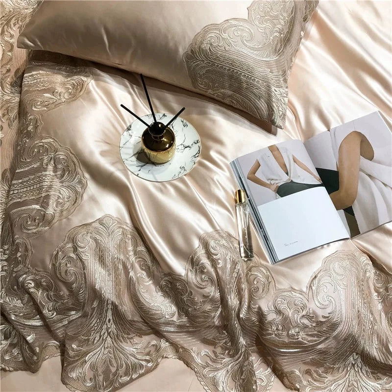 Luxury seasonal new French silk, cotton, lace, European and American style long cotton bed sheets, duvet covers, four piece set.