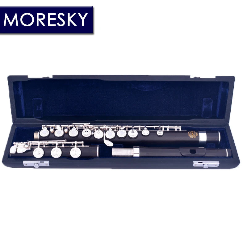 MORESKY-Open Hole Ebony Flute, 17 Holes, Silver Plated, E Key, Grenadilla Wood, Professional Flute MFL-201