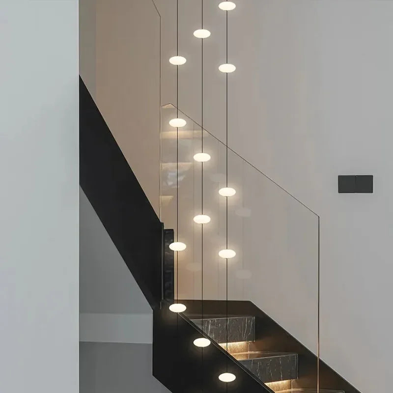 Modern Art Villa Stairwell Hollow LED Chandelier Minimalist Black Round Stair Hanging Lamps Indoor Home Long Lighting Fixtures