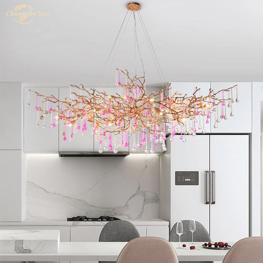 Modern Copper LED Chandeliers Lighting Colorful Glass Luxury Water Drop Lamp Brass for Living Room Bedroom Dining Room Villa