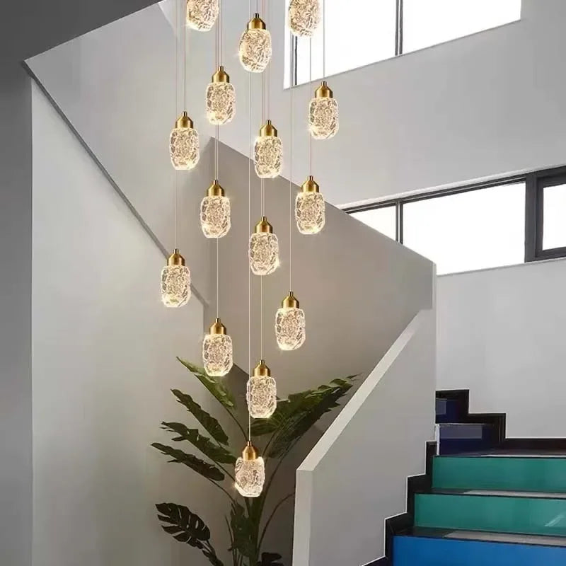 Modern LED Crystal Chandelier For Staircase Living Room Luxury Creative Design Hallway Villa Gold Hanging Light Long Indoor Lamp