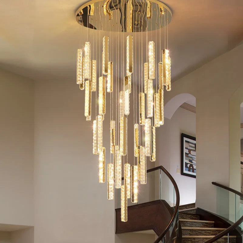 Modern LED Crystal Raindrop Chandelier Lighting Staircase Luxury Golden Staircase Lights Chandelier for Living Room Hotel Villa