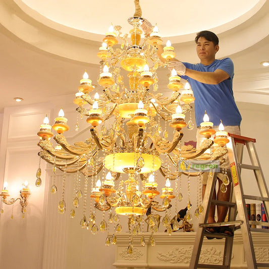 Modern Large Chandelier Fixture Gold Crystal Chandelier light Natural Jade home lighting Hotel Villa Hanging Drop Lights