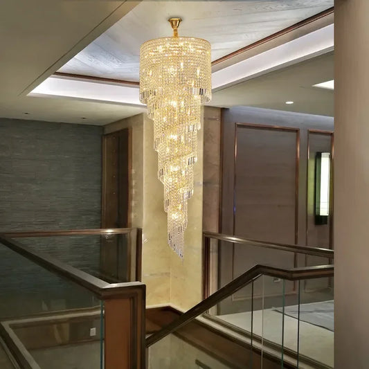 Modern Large Crystal Stair Chandelier For Luxury High House Villa Home Decoration Ceiling Hanging Light Fixture Gold/Chrome