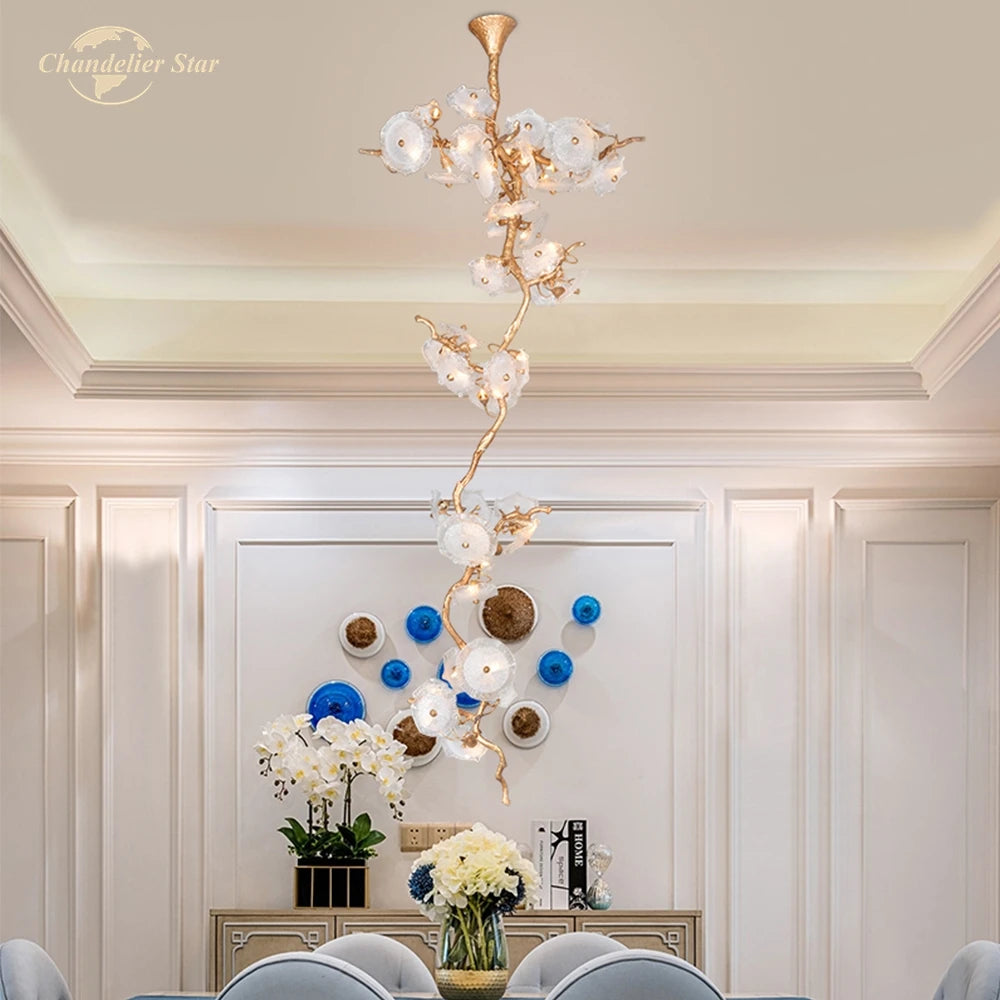 Modern Luxury Chandeliers Lighting Glass LED Lights Tree Branch Copper Lamp Lustre for Living Room Dining Room Staircase Villa