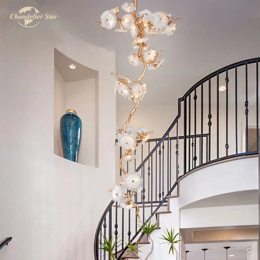 Modern Luxury Chandeliers Lighting Glass LED Lights Tree Branch Copper Lamp Lustre for Living Room Dining Room Staircase Villa