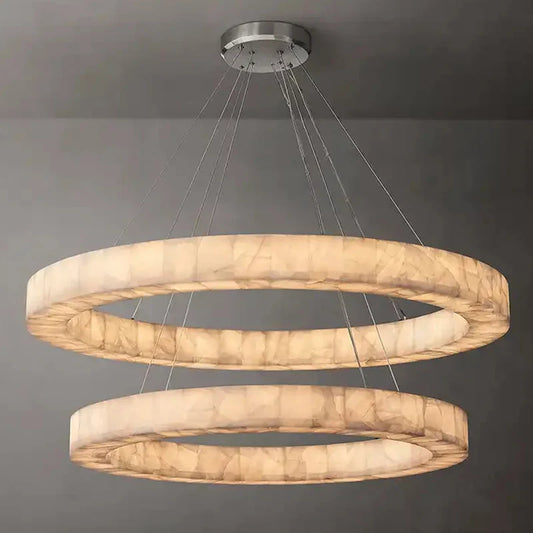 Modern Villa Living Room Pendant Light Fixture Natural Round Ring Calcite Two Tier Alabaster Linear Luxury Decorative Chandelier