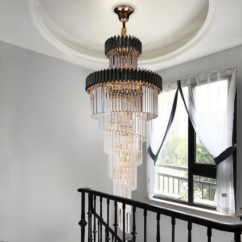 Modern crystal chandelier for staircase Long black led light fixture villa lobby living room decor hang cristal lustre