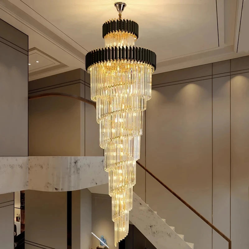 Modern crystal chandelier for staircase Long black led light fixture villa lobby living room decor hang cristal lustre