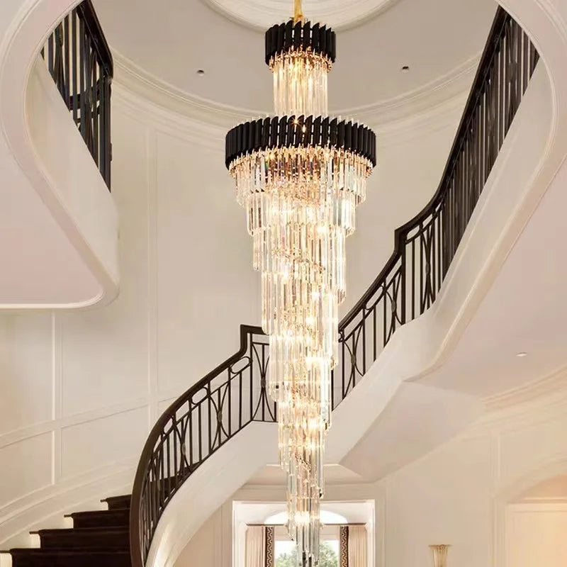 Modern crystal chandelier for staircase Long black led light fixture villa lobby living room decor hang cristal lustre