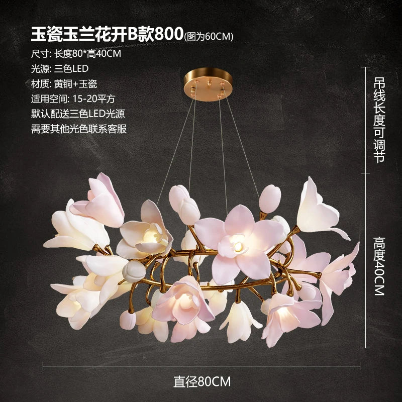 Modern luxury living room chandelier advanced sense round main lamp villa ceramic art restaurant flower bud copper light in the