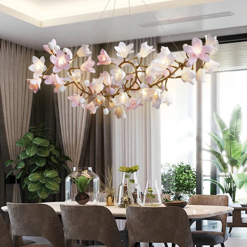 Modern luxury living room chandelier advanced sense round main lamp villa ceramic art restaurant flower bud copper light in the