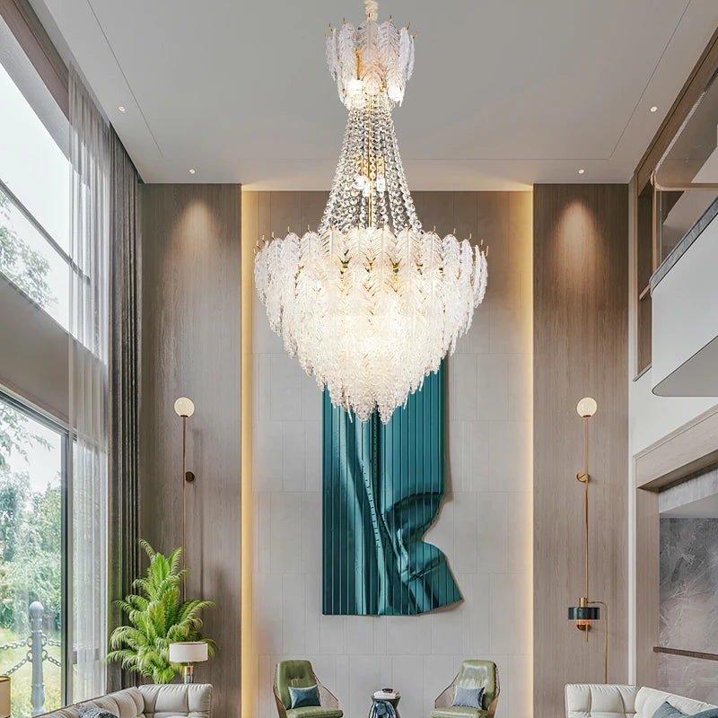 Modern minimalist duplex building large chandelier hall spiral staircase light luxury hotel lobby villa living room chandelier