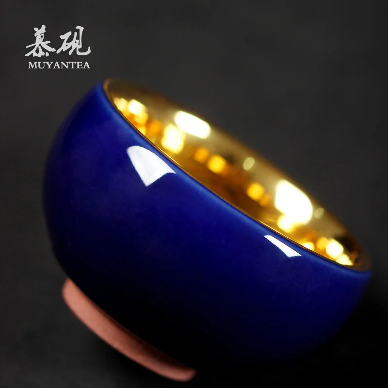 MuYan famous master Roy 24 k jinzhan masters cup by hand back to the blue and gold leaf lamp that pu 'er tea cups