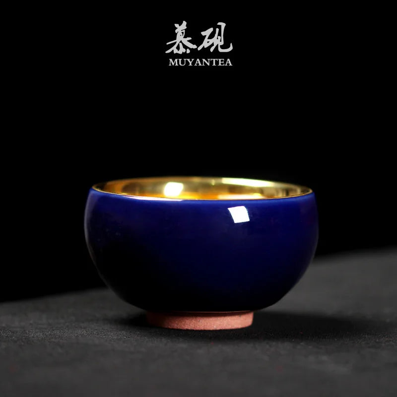 MuYan famous master Roy 24 k jinzhan masters cup by hand back to the blue and gold leaf lamp that pu 'er tea cups