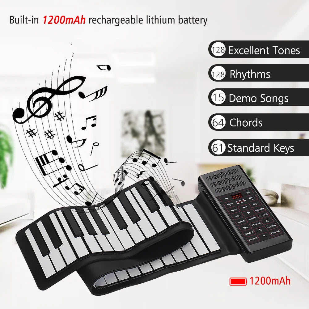 Multifunction Portable Electric 61 Keys Hand Roll Up Piano Flexible Silicone Piano Keyboard Built-in Speaker Rechargeable