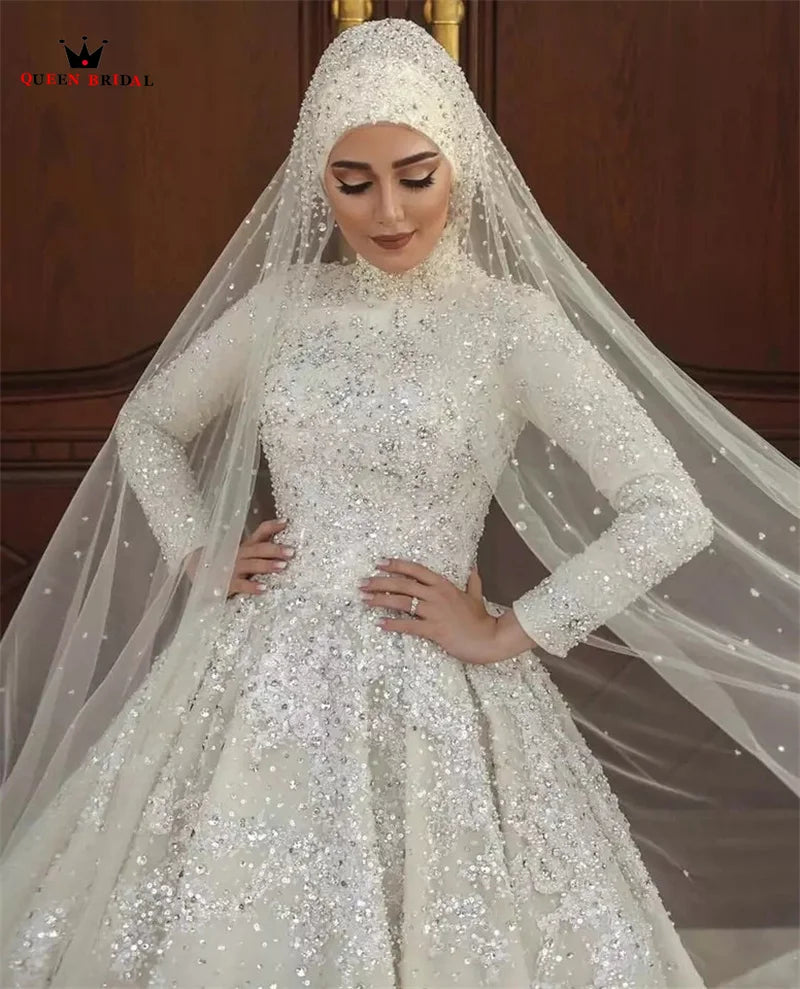 Muslim Wedding Dresses Ball Gown High Neck Long Sleeve Tulle Lace Appliques Beading Diamond Luxury Bridal Gown Customize DZ69M