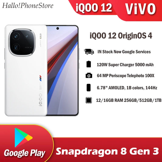 NEW ViVO iQOO 12 Snapdragon 8 Gen 3 ip68 Android 14 6.78"AMOLED 1B colors 144Hz 64 MP periscope telephoto OTA NFC google play