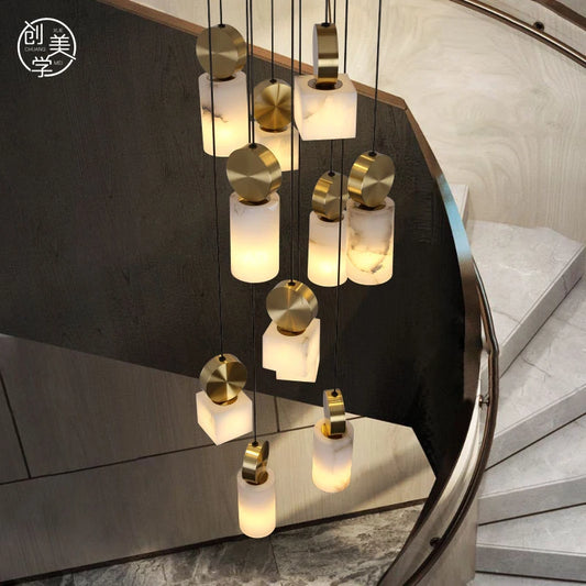 New Chinese-style all-copper marble staircase chandelier penthouse villa living room with high light luxury building dining room