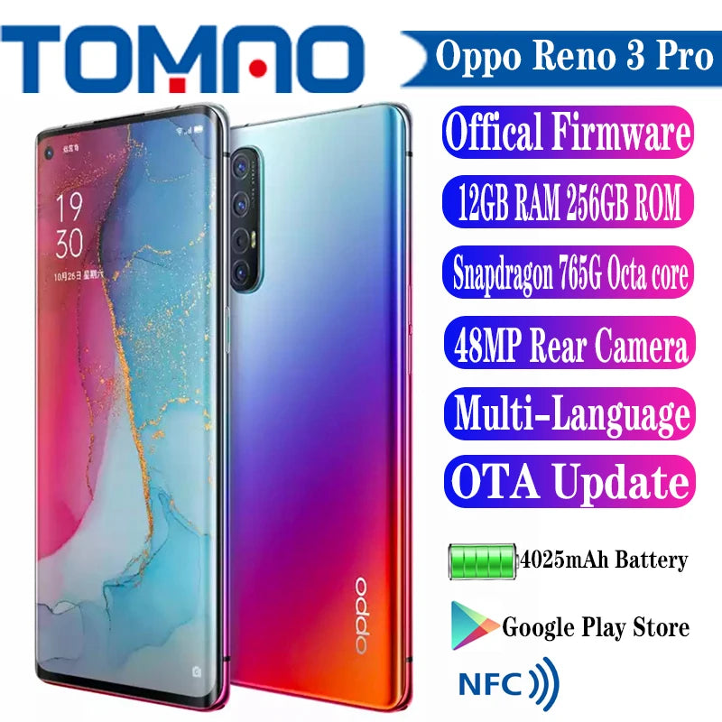 New Oppo Reno 3 Pro 5G Mobile phone Android 9 Snapdragon 765G 6.5" 48MP Real Cameras 4025mAh Battery Google Play OTA Update NFC