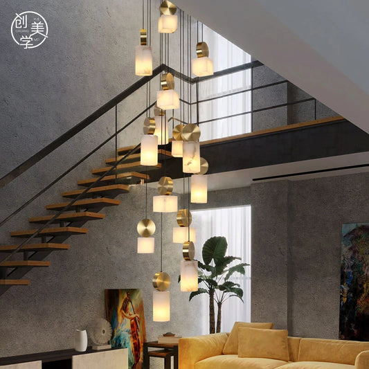New -style all-copper marble staircase chandelier duplex villa living room high light luxury building middle building res
